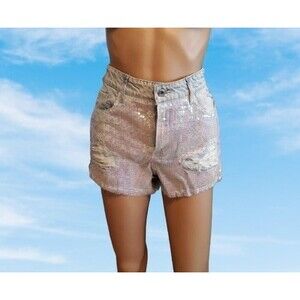 SUNSET & SPRING Sequined Distress Denim Shorts size 28 Turquoise cut-offs A59